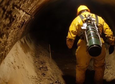 A worker in full protective gear with a breathing apparatus navigating a confined underground space